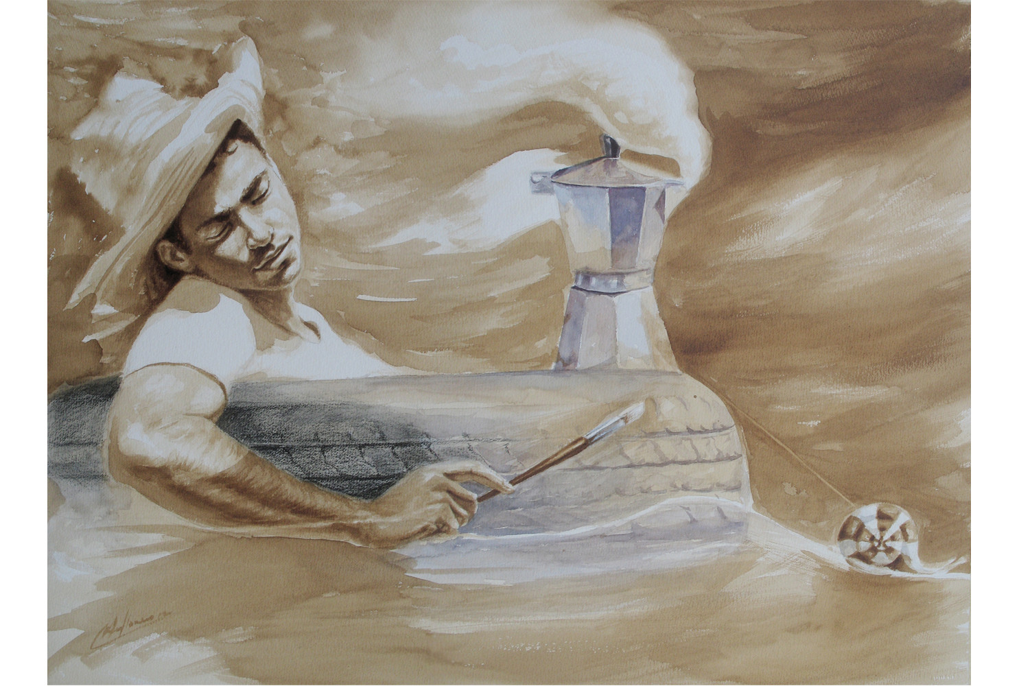 SOS for a Shipwreck at Sea, 2012 
By Reynier Llanes (Cuban-American, b. 1985). Coffee and acrylic on paper, 20 x 30 inches. Loan courtesy of Richard Weedman and Jonathan Green Collection. Image ©Reynier Llanes.
