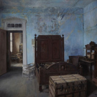 Blue Bedroom, Lyon Hall, Demopolis, Alabama, 2017, by Julyan Davis; Oil on canvas; 36x38 inches; Courtesy of the artist. 