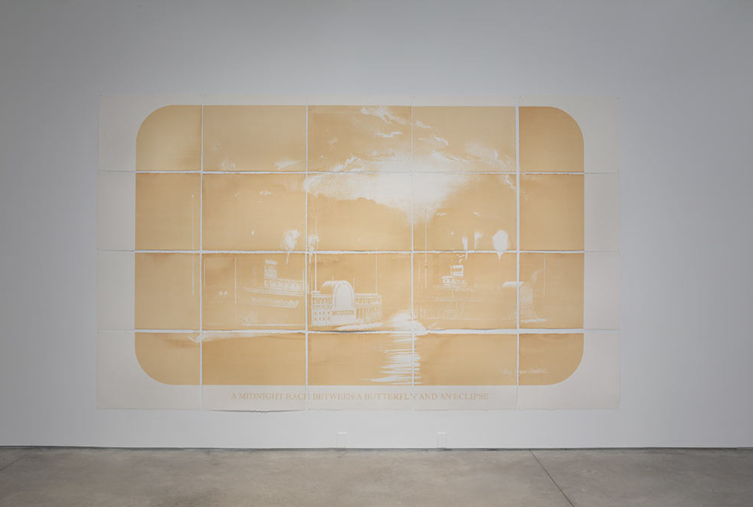 A Midnight Race Between A Butterfly And An Eclipse, installation view, Epitaph for a Darling Lady, Visual Arts Center of Richmond, VA, 2015. Laser burned paper, unique state print; 88 x 150 inches; Edition of 3. Courtesy of the artist.