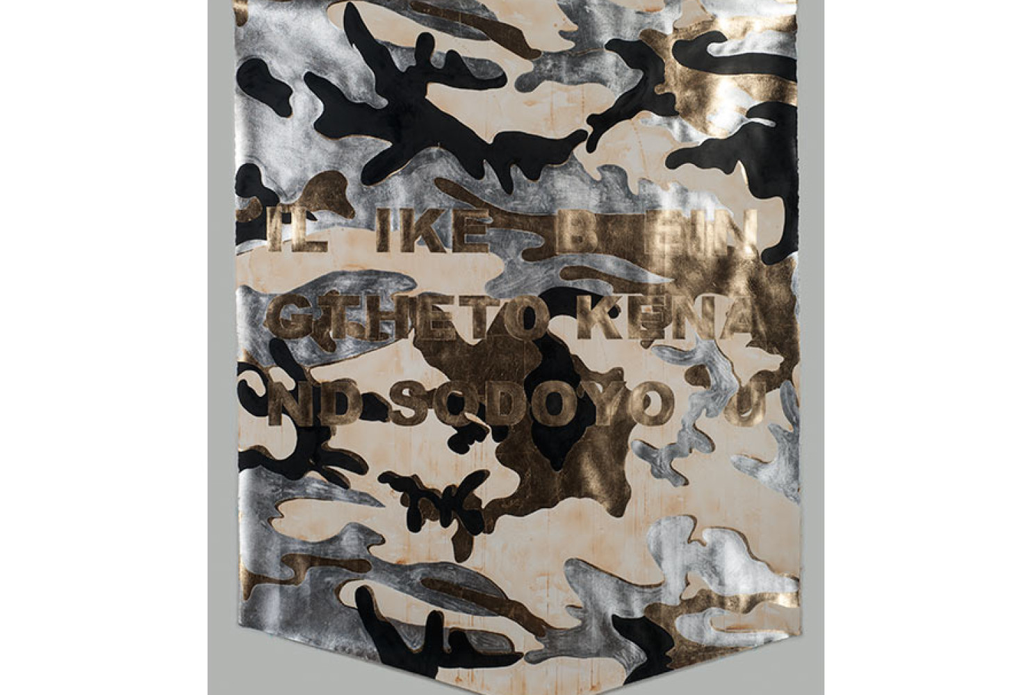 I LIKE BEING THE TOKEN AND SO DO YOU (Camo), 2016. Composition gold and aluminum leaf, India ink, and singed paper; 52 x 52 inches. Courtesy of the artist.
