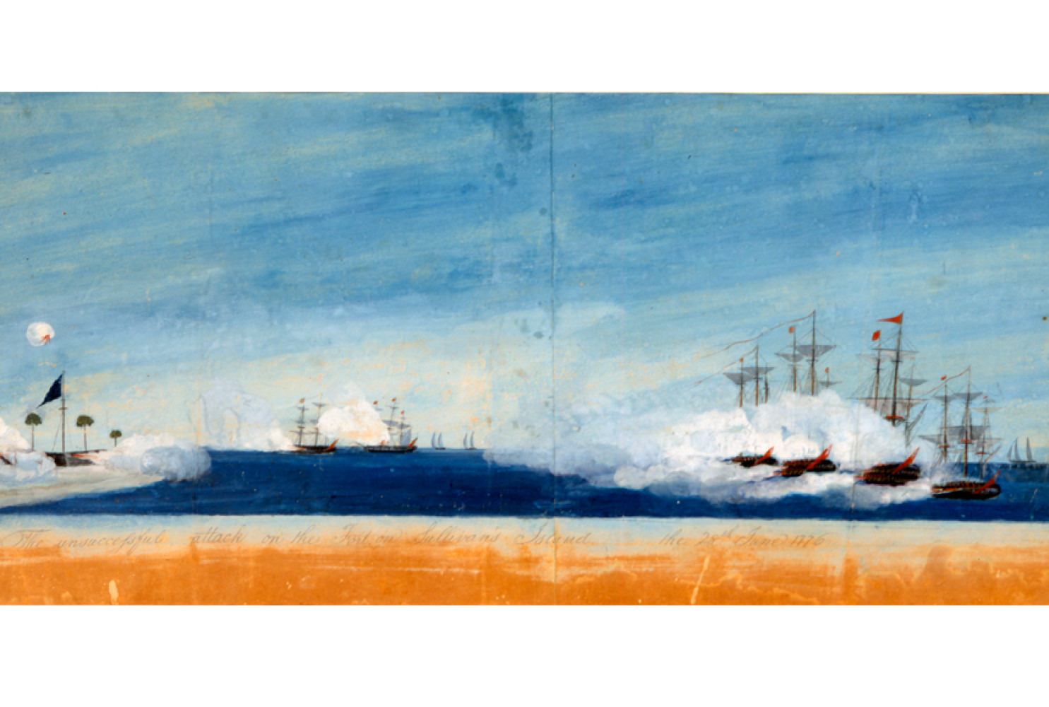 The Unsuccessful Attack on the Fort on Sullivan's Island, 1776, by Henry Gray (American, d. 1821); watercolor on paper; 11 3/4 x 29 1/2 inches; Gift of Mrs. J. Drayton Grimke; 1907.002.0002