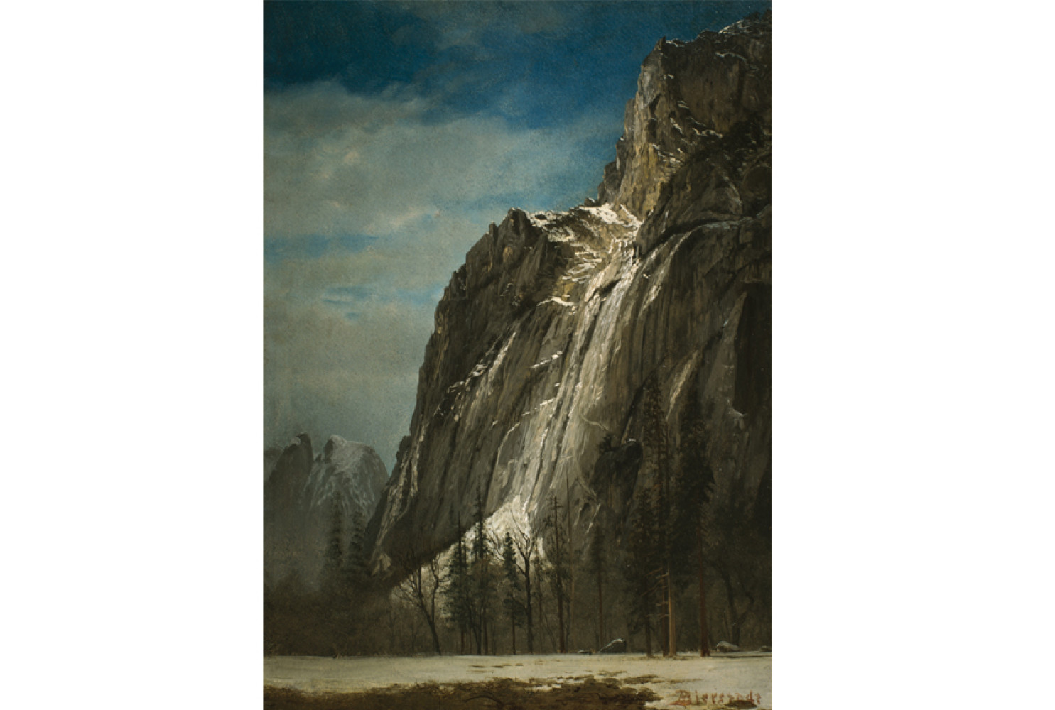 Cathedral Rocks, A View of Yosemite, ca. 1872, By Albert Bierstadt (American, 1830-1902), Oil on paper mounted on canvas, 19 x 13.75 inches, Courtesy of the Higdon Collection. 
