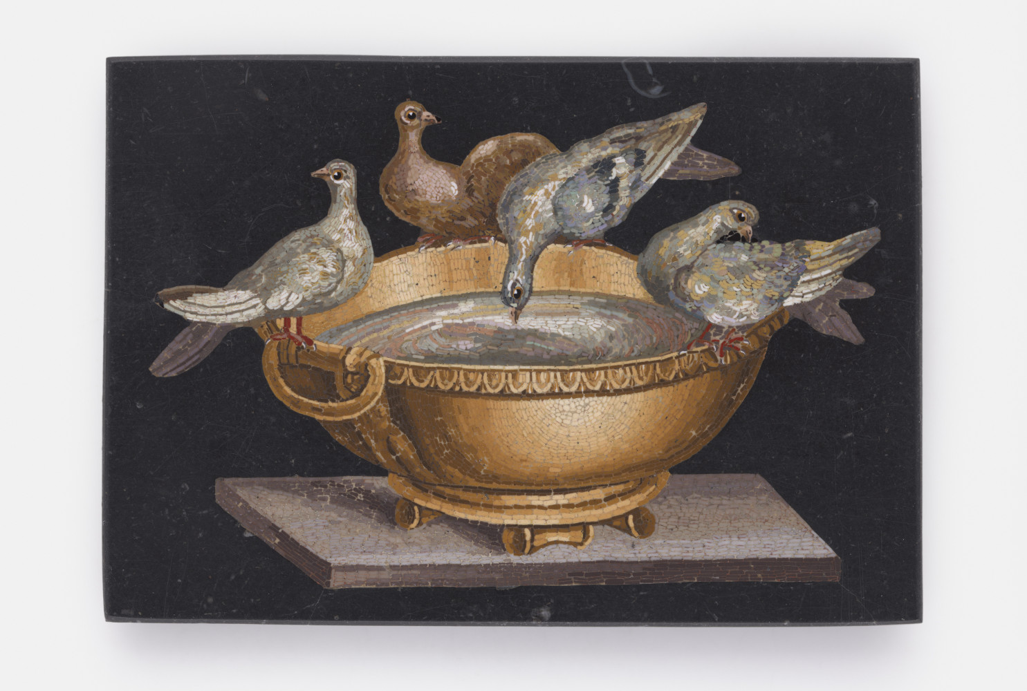 Doves of Pliny, 19th century, Giaocchino Barberi (Italian, 1783-1857); Micromosaic set in black plaque; 54 x 78 mm; Collection of Elizabeth Locke; Photo: Travis Fullerton, Virginia Museum of Fine Arts 