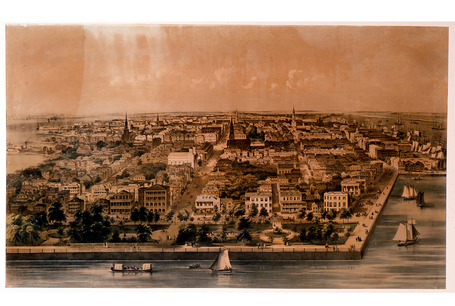 Panorama of Charleston, 1851, by John William Hill (British, 1812 – 1879). Hand-tinted lithograph. 24 x 41 ½ inches. 1918.001.0005