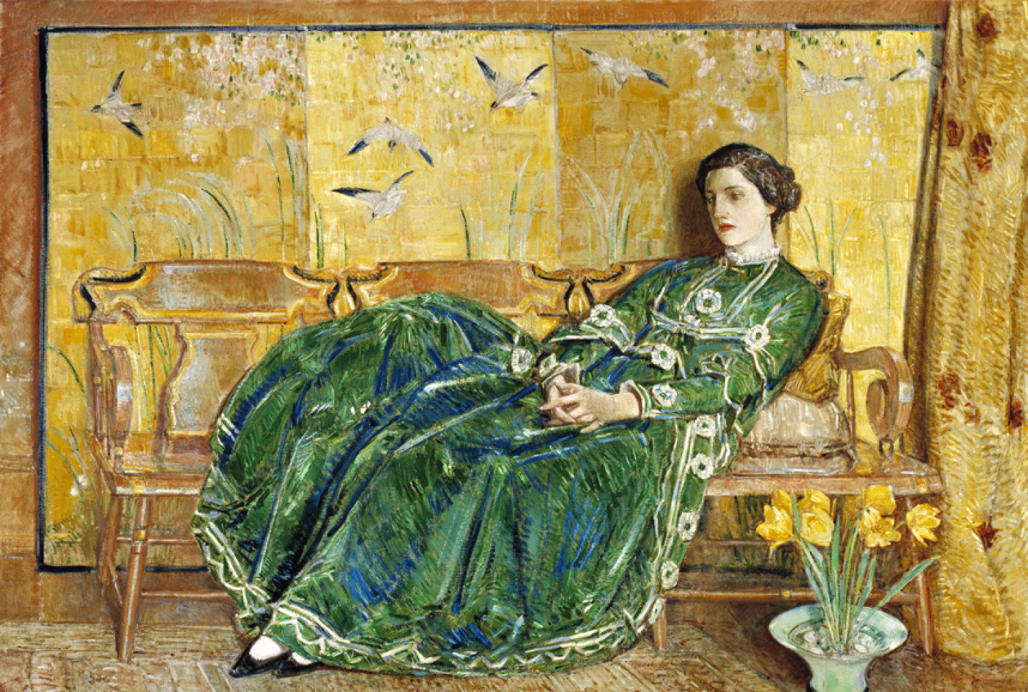 April:(The Green Gown); 1920, by Childe Hassam (American, 1859 - 1935); Oil on canvas; 56 x 82 1/4 inches; Gift of Mr. and Mrs. Archer M. Huntington; 1936.009.0001.