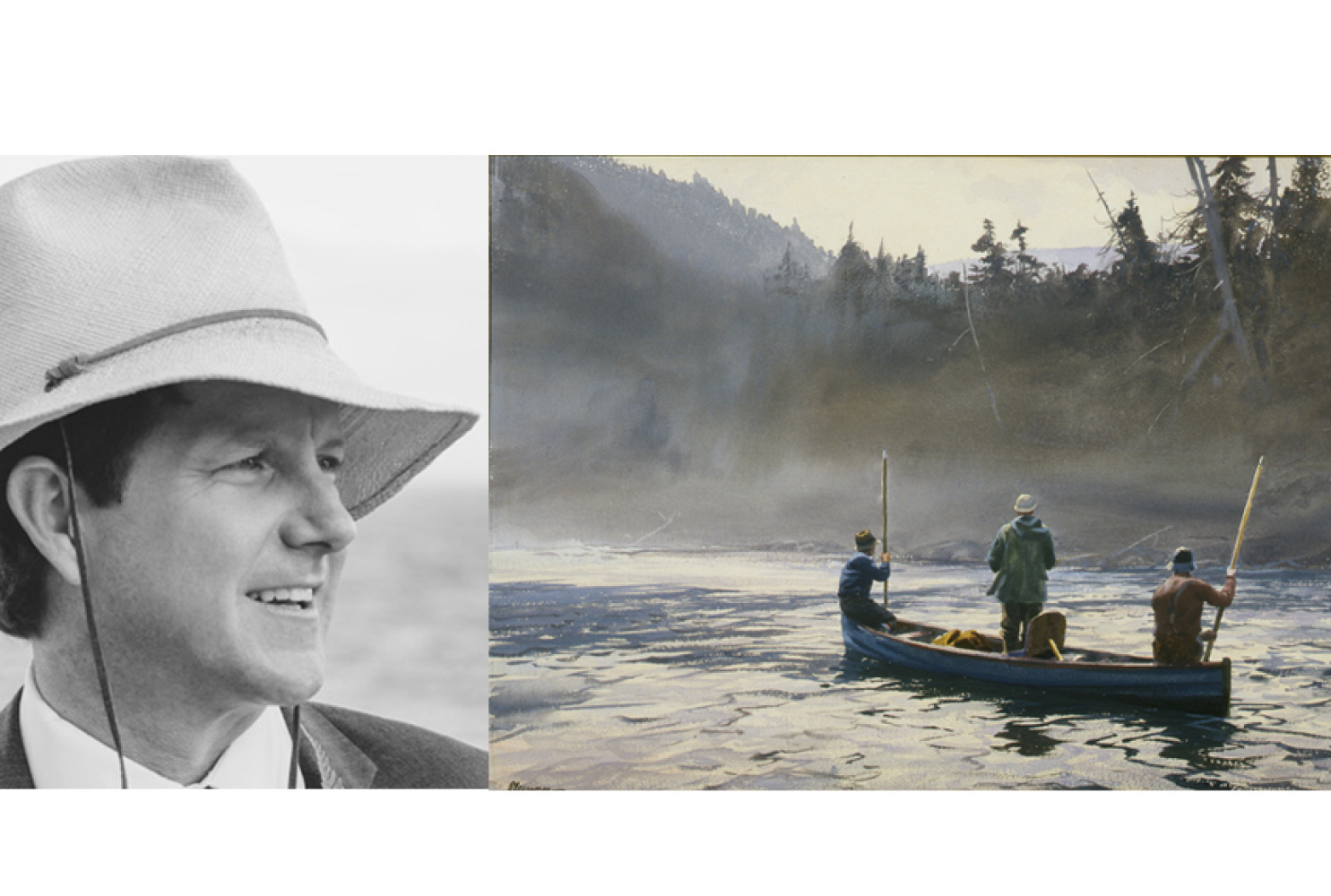 Left: Chris Crolley (provided); Right: Ogden M. Pleissner, Blue Boat on the St. Anne, 1958.  Watercolor on paper, 17 1/4 x 27 1/2 in.  Collection of Shelburne Museum, gift of Marion W.G.  Pleissner. 1986-98.1. Photography by Andy Duback.