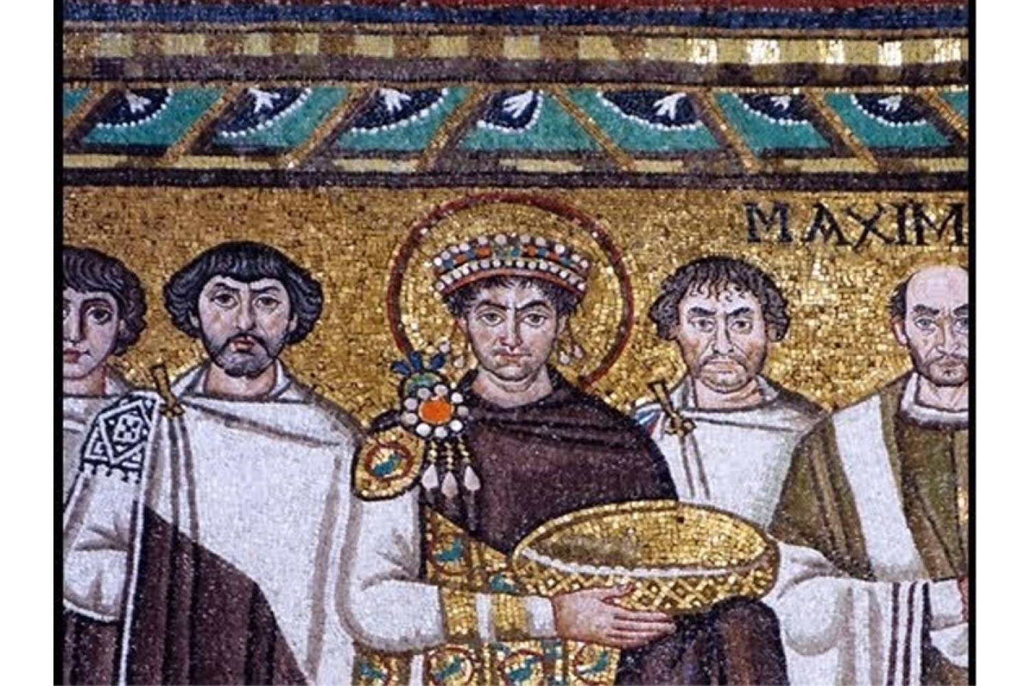 Detail of mosaic of Emperor Justinian at Ravenna, Italy.