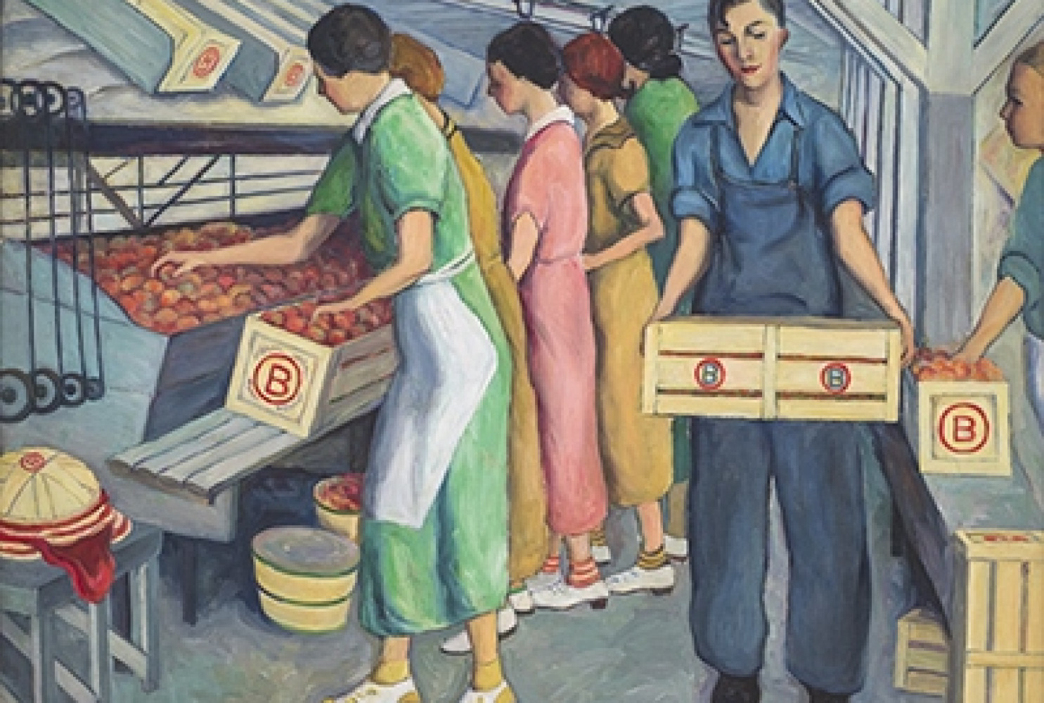Peach Packing, Spartanburg County, 1938, By Wenonah Day Bell (American, 1890 - 1981); Oil on canvas; 38 x 48 inches; 2010.05.04; The Johnson Collection, Spartanburg, South Carolina
