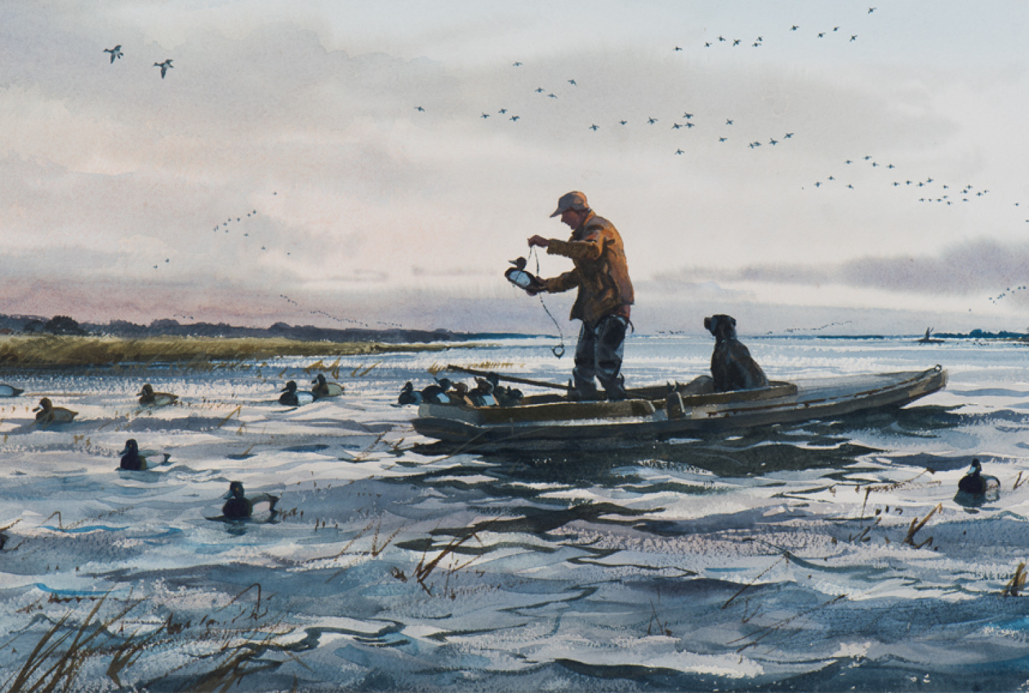 The Broadbill Gunner, 1957, by Ogden M. Pleissner (American, 1905—1983); Watercolor on paper, 19 3/8 x 29 1/8 inches; Collection of Shelburne Museum, gift of Ann M. Leonard; 2013-14.1; Photograph by Andy Duback