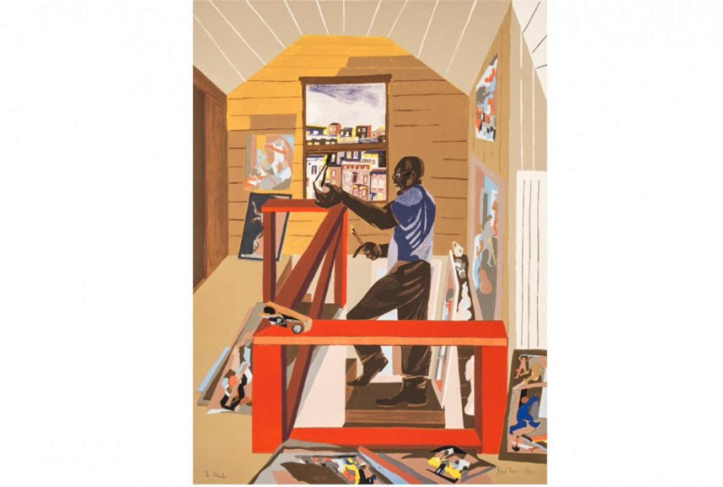 The Studio, 1996, by Jacob Lawrence (1917-2000); lithograph on paper; 30 x 22 1/8 inches; Courtesy of the Jacob and Gwendolyn Knight Lawrence Foundation, Seattle © 2015 Artists Rights Society (ARS), New York