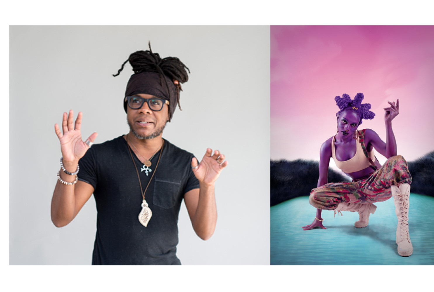 Left: Marcus Amaker; Right: Untitled (Psychosocial Stuntin'), 2015, by Juliana Huxtable; color inkjet print; 40 x 30 inches; The Studio Museum in Harlem; Museum purchase with funds provided by the Acquisition Committee, 2015.8.1; ©Juliana Huxtable; Courtesy the artist and American Federation of Arts
