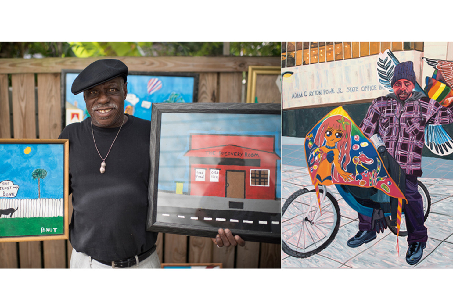 Left: P-Nut; Right: Kevin the Kiteman, 2016, by Jordan Casteel; oil on canvas; 78 x 78 inches; The Studio Museum in Harlem; Museum purchase with funds provided by the Acquisition Committee, 2016.37; ©Jordan Casteel; Courtesy American Federation of Arts
