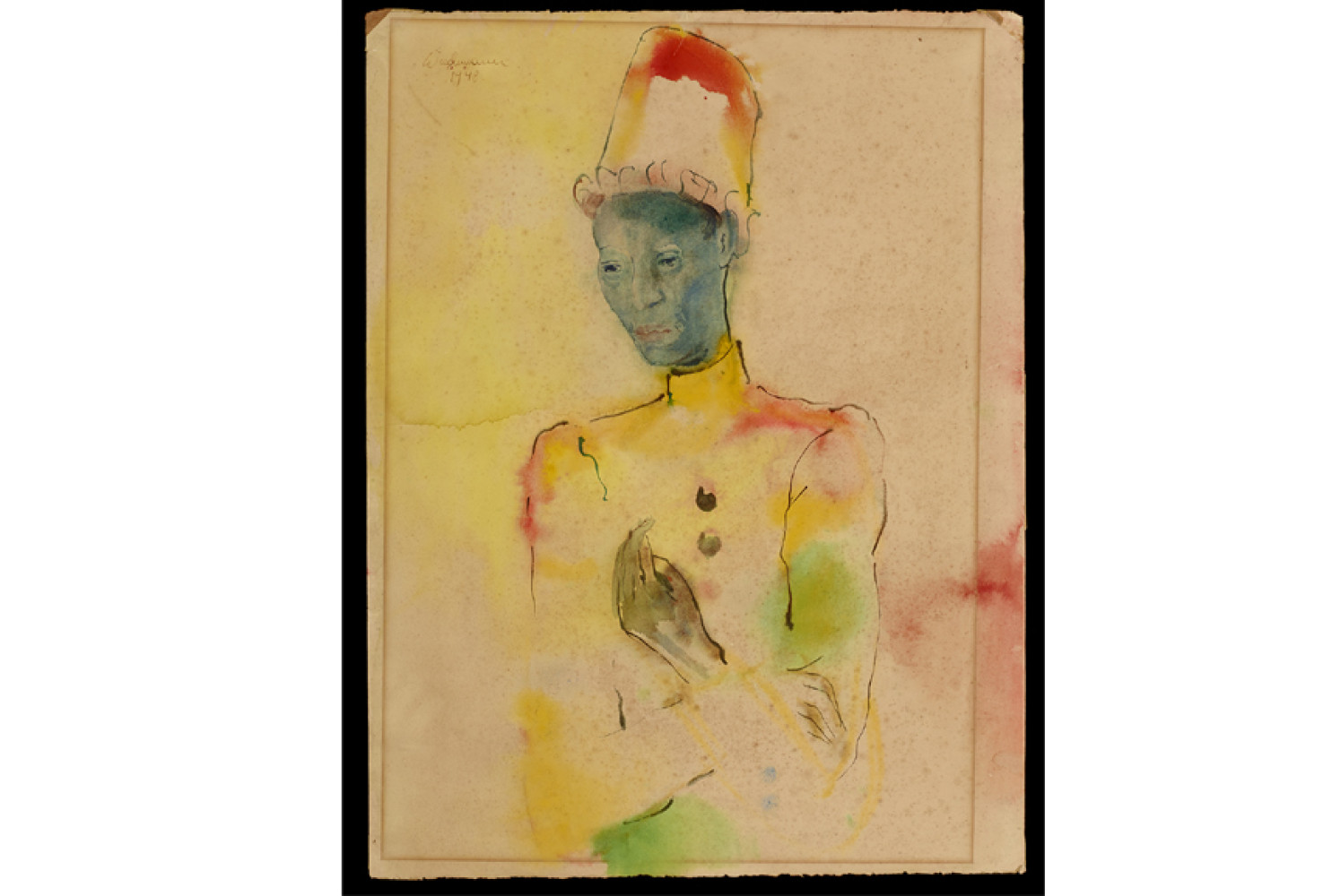 Untitled (Figure at Carnival), 1948, by Guillermo Wiedemann (Columbian, 1905-1969); watercolor on paper; 31 1/2 x 23 5/8 inches; Courtesy of the Lowe Art Museum, University of Miami