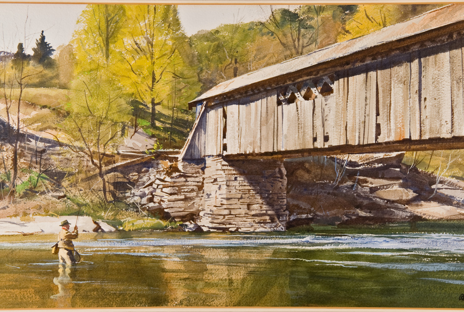 Beaverkill Bridge, 1952, By Ogden M. Pleissner (American, 1905—1983); Watercolor on paper; 18 x 31 inches; Collection of Shelburne Museum, gift of Morton Quantrell, 1996-42.4. Photography by Andy Duback.