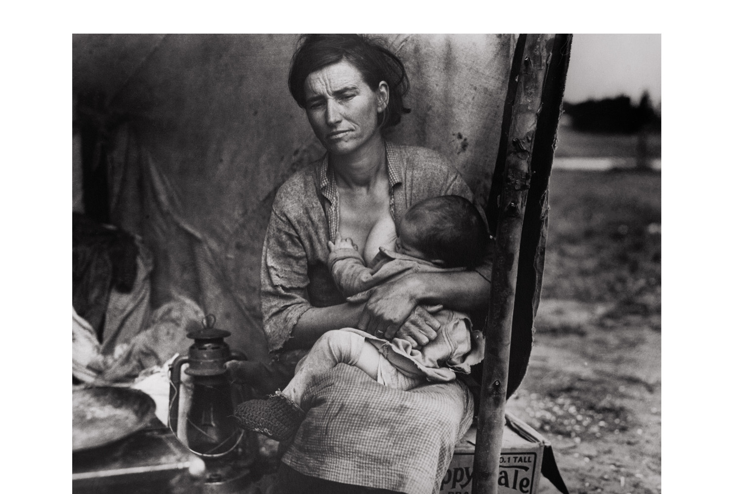 FROM THE MIGRANT MOTHER
SEQUENCE, IMAGE #3, NIPOMO,
CA. MIGRANT AGRICULTURAL
WORKER'S FAMILY. SEVEN
HUNGRY CHILDREN. MOTHER
AGED THIRTY-TWO. FATHER IS
NATIVE CALIFORNIAN. NIPOMO,
CA. FSA., 1936, by Dorothea Lange (American, 1895 – 1965). Gelatin silver print, 11 x 14 inches. Courtesy of the Collection Martin Z.  Margulies.