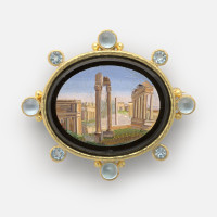 Roman Forum, Rome, 19th century, Micromosaic set in gold as a brooch, with alternating 6-mm cabochon aquamarines with side gold dots and 5-mm faceted aquamarines around bezel; 54 x 62 mm; Collection of Elizabeth Locke; Photo by Travis Fullerton, Virginia Museum of Fine Arts 