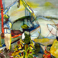 Dockside Market, By Romare Bearden (1911-1988); Watercolor on paper; 8 x 10 inches
