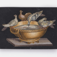 Doves of Pliny, 19th century, Giaocchino Barberi (Italian, 1783-1857); Micromosaic set in black plaque; 54 x 78 mm; Collection of Elizabeth Locke; Photo: Travis Fullerton, Virginia Museum of Fine Arts 