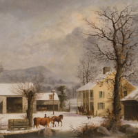 Winter at Jones Inn, ca. 1862, By George Henry Durrie (American, 1820-1863), Oil on canvas, 17.75 x 23.75 inches, Courtesy of the Higdon Collection. 
