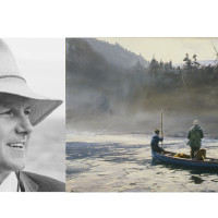 Left: Chris Crolley (provided); Right: Ogden M. Pleissner, Blue Boat on the St. Anne, 1958.  Watercolor on paper, 17 1/4 x 27 1/2 in.  Collection of Shelburne Museum, gift of Marion W.G.  Pleissner. 1986-98.1. Photography by Andy Duback.