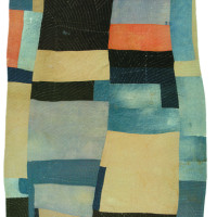 Blocks and Strips work-clothes quilt, ca. 1935, by Lucy Mooney; Cotton, denim, wool; 87 x 68 in.