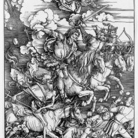 The Four Horsemen of the Apocalypse from The Apocalypse, 1496-98, from the Latin edition of 1511; By Albrecht Durer (German, 1471-1528); Woodcut on laid paper, 15 1/2 x 11 inches; Courtesy of a private collection 