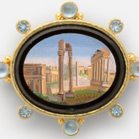 Roman Forum, Rome, 19th century; Micromosaic set in gold as a brooch, with alternating 6-mm cabochon aquamarines with side gold dots and 5-mm faceted aquamarines around bezel, 54 x 62 mm. Collection of Elizabeth Locke; Photo: Travis Fullerton; ©Virginia Museum of Fine Arts