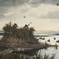 Duck Shooting, 1959, by Ogden M. Pleissner (American, 1905—1983); Watercolor on paper, 21 3/4 x 33 inches; Collection of Shelburne Museum, gift of Morton Quantrell; 1996-42.19; Photograph by Andy Duback