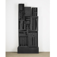 Beards' Wall, 1958—1959, by Louise Nevelson (American, 1899—1988); 11 wood boxes painted black, 102 1/2 x 41 1/2 x 14 1/2 inches;  Photograph by Kerry Ryan McFate, courtesy Pace Gallery; © 2018 Estate of Louise Nevelson / Artists Rights Society (ARS), New York