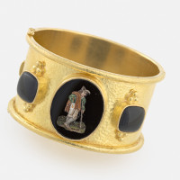 Peasant Man with Walking Stick, Rome, 19th century, after etchings by Bartolomeo Pinelli (Italian, 1781—1835); Micromosaic set in wide hammered gold bangle with rolled edges and side black jade cushions with gold triads, 1 3/8 x 2 1/2 x 2 3/8 in. Collection of Elizabeth Locke; Photo: Travis Fullerton; © Virginia Museum of Fine Arts

