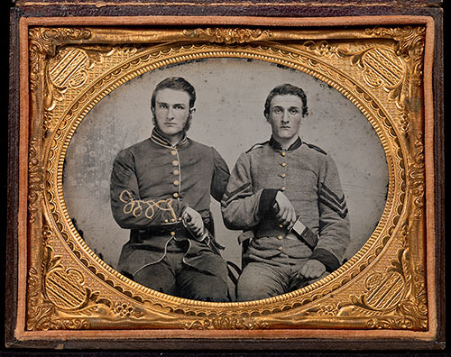 Unknown photographer, [Captain Charles A. and Sergeant John M. Hawkins, Company E, "Tom Cobb Infantry," Thirty-eighth Regiment, Georgia Volunteer Infantry], 1861–62; Quarter-plate ambrotype with applied color; David Wynn Vaughan Collection.