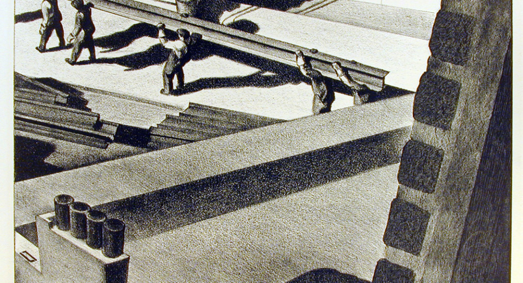 <i>Roof and Street</i>, 1938, by Louis Lozowick (American, 1891 - 1973);Lithograph on paper, 7 1/2 x 11 inches. 