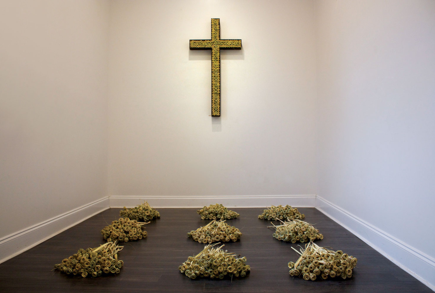 Chapel; 2015, Wooden Cross adorned with Palmetto Roses, Floor: 9 Bouquets - 100 Palmetto Rose ea.