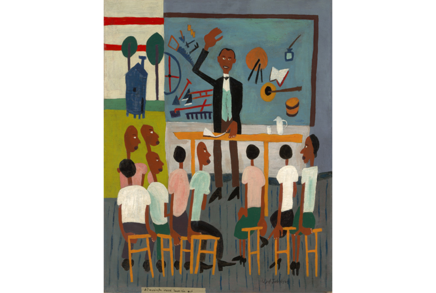 Booker T. Washington Legend, ca. 1944-1945, by William H. Johnson (American, 1901-1970). Oil on plywood. 32 5/8 x 25 1/4 inches. Image courtesy of Smithsonian American Art Museum.