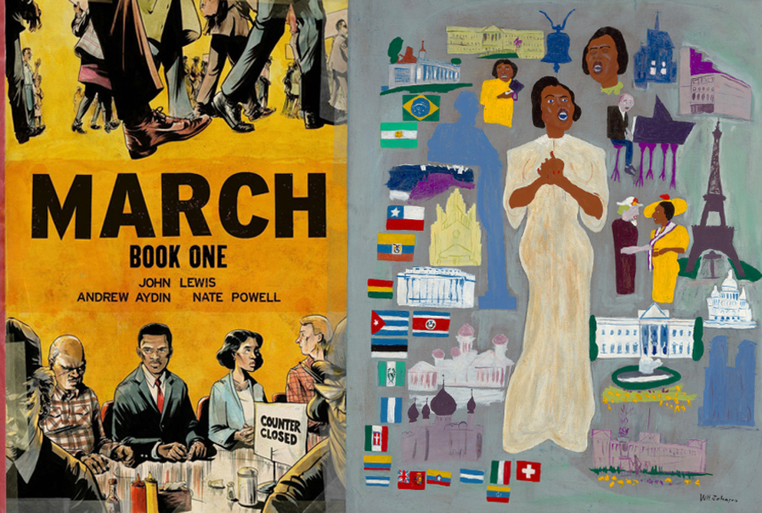 (right) Cover art for March; (left)  Marian Anderson (detail), ca. 1945, by William H. Johnson (American, 1901-1972). Oil on paperboard, 35 5/8 x 28 7/8 inches. Image courtesy of Smithsonian American Art Museum, Gift of the Harmon Foundation. 