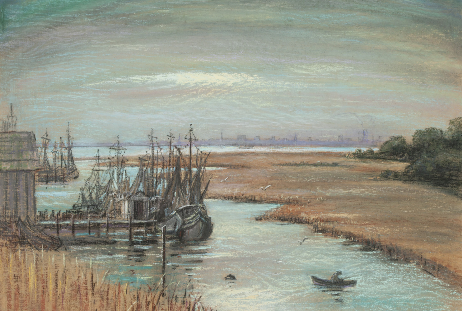Shem Creek, 1954, By Elizabeth O'Neill Verner (American, 1883 - 1979); Pastel on silk glued to plywood; 22 5/8 x 27 1/2 inches; 2007.11.01; The Johnson Collection, Spartanburg, South Carolina