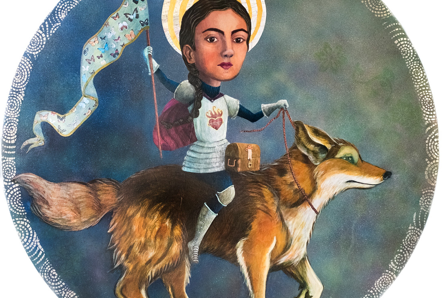 Iris, the Coyote Tamer, 2018, By Diana Farfan; Acrylics and mixed media on wood panel; 40 x 40 inches
