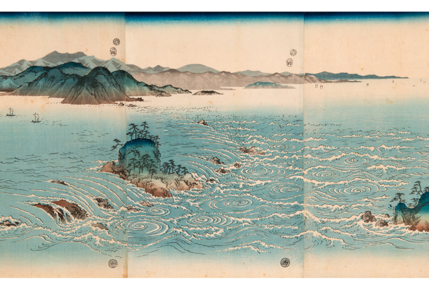 The Whirlpools of Naruto in Awa, 4/1857. by Utagawa Hiroshige (Japanese, 1797-1858). Color woodblock print. 1948.004.0014.001-3