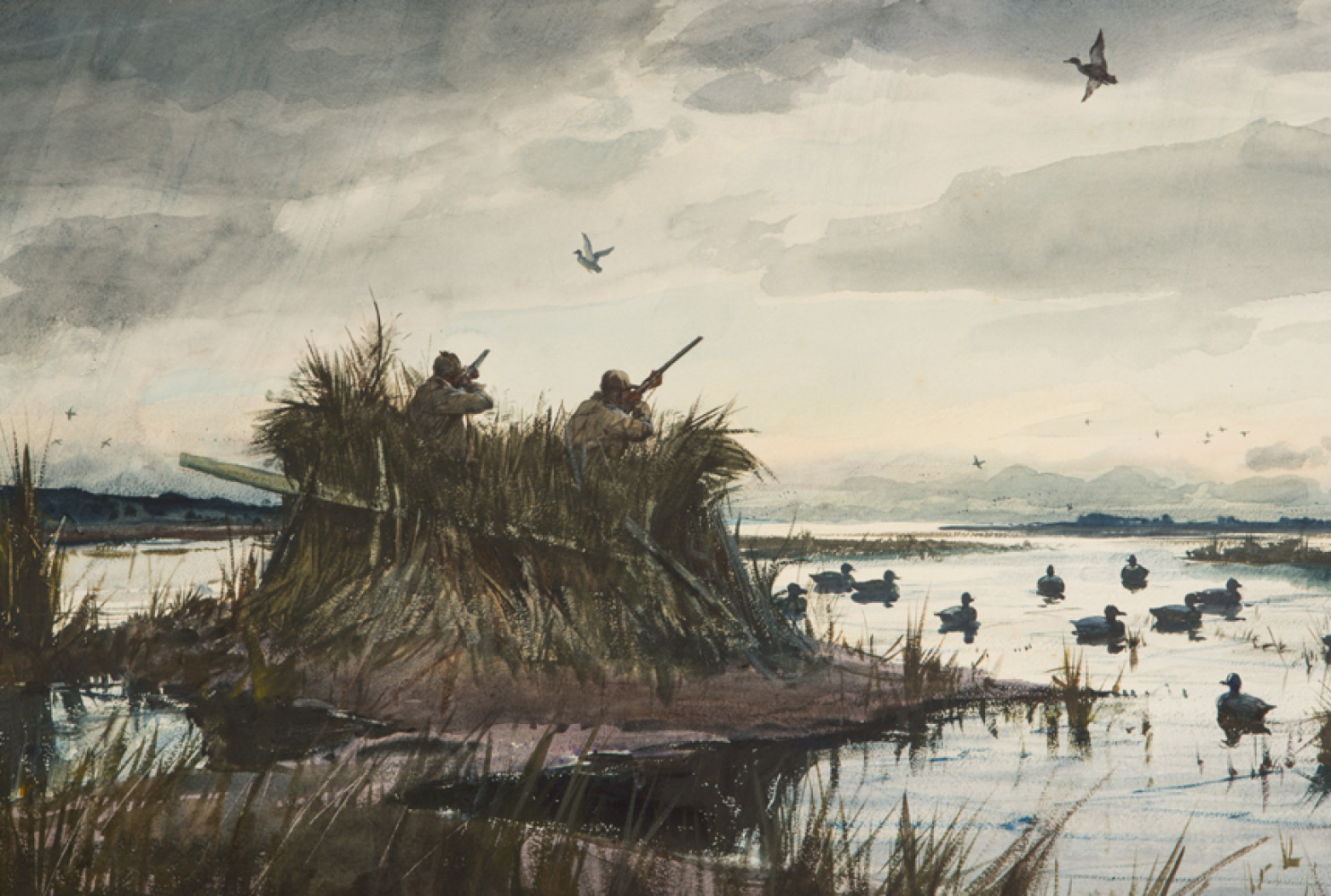 Duck Shooting, 1959, by Ogden M. Pleissner (American, 1905—1983); Watercolor on paper, 21 3/4 x 33 inches; Collection of Shelburne Museum, gift of Morton Quantrell; 1996-42.19; Photograph by Andy Duback