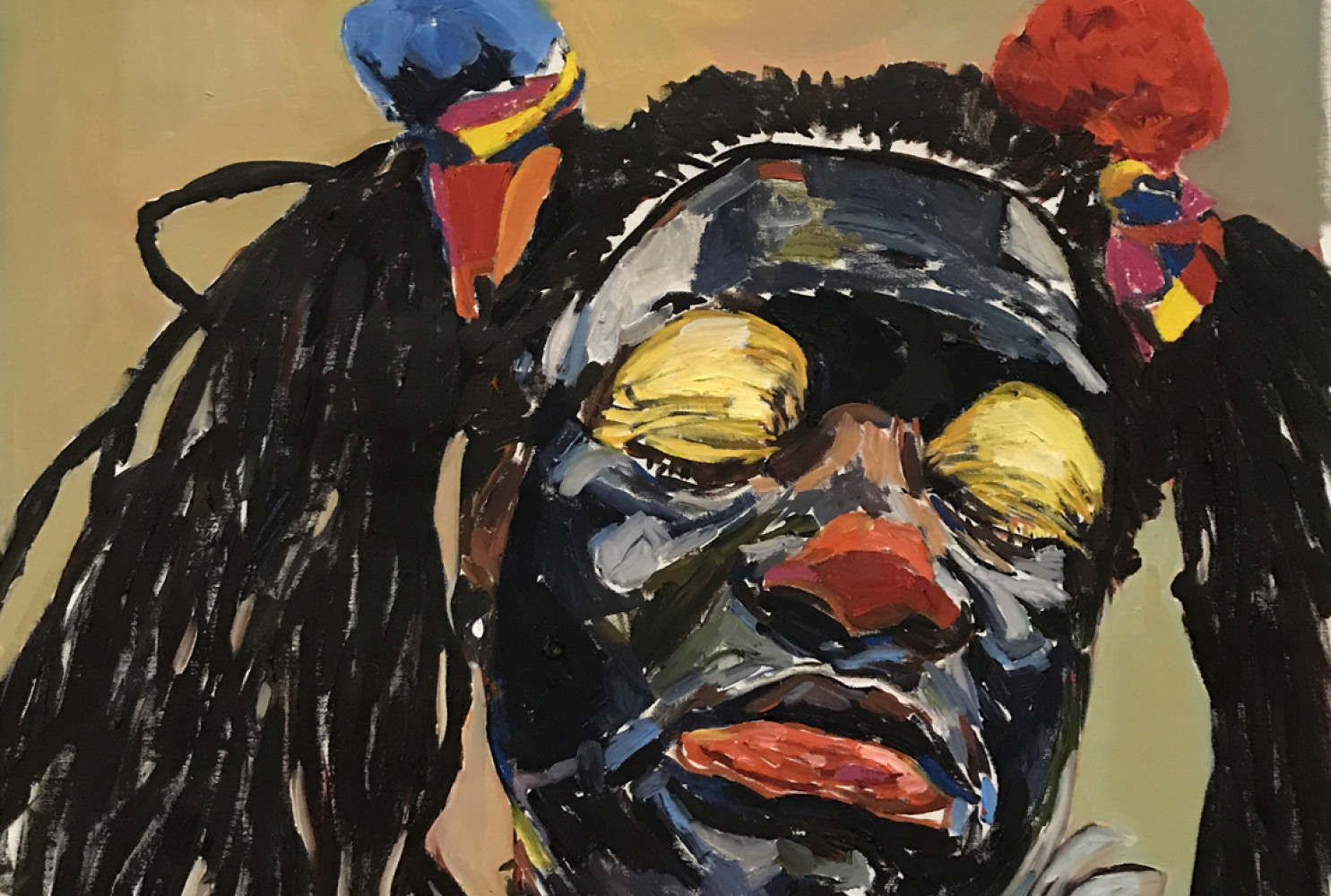 Clown Portrait, 2018, by Beverly McIver (American, b. 1962). Oil on canvas, 45 x 34 inches. Collection of Billie Tsien and Tod Williams, New York.

