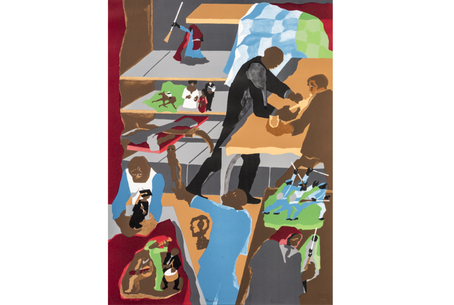 Memorabilia, 1990, by Jacob Lawrence (1917-2000); lithograph on paper, 31 1/4 x 22 7/8 inches; Courtesy of  The Jacob and Gwendolyn Knight Lawrence Foundation, Seattle © 2015 Artists Rights Society (ARS), New York
