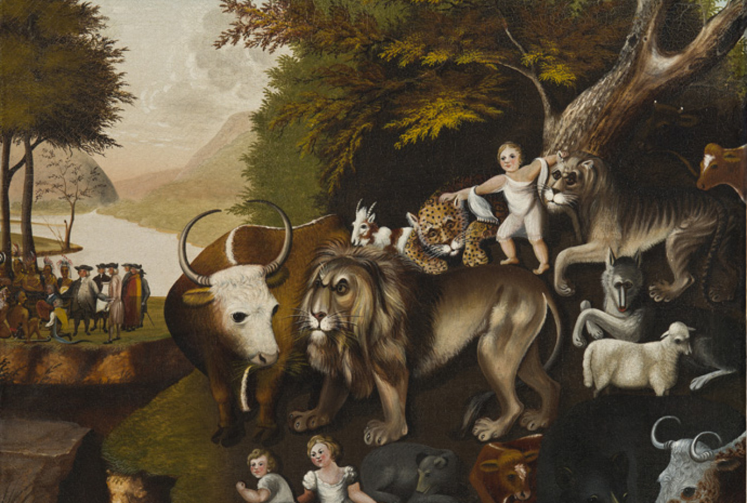 The Peaceable Kingdom with the Leopard of Serenity, 1835—1840, Attributed to Edward Hicks (American, 1780—1849), Oil on canvas, Courtesy of the Barbara L. Gordon Collection.
