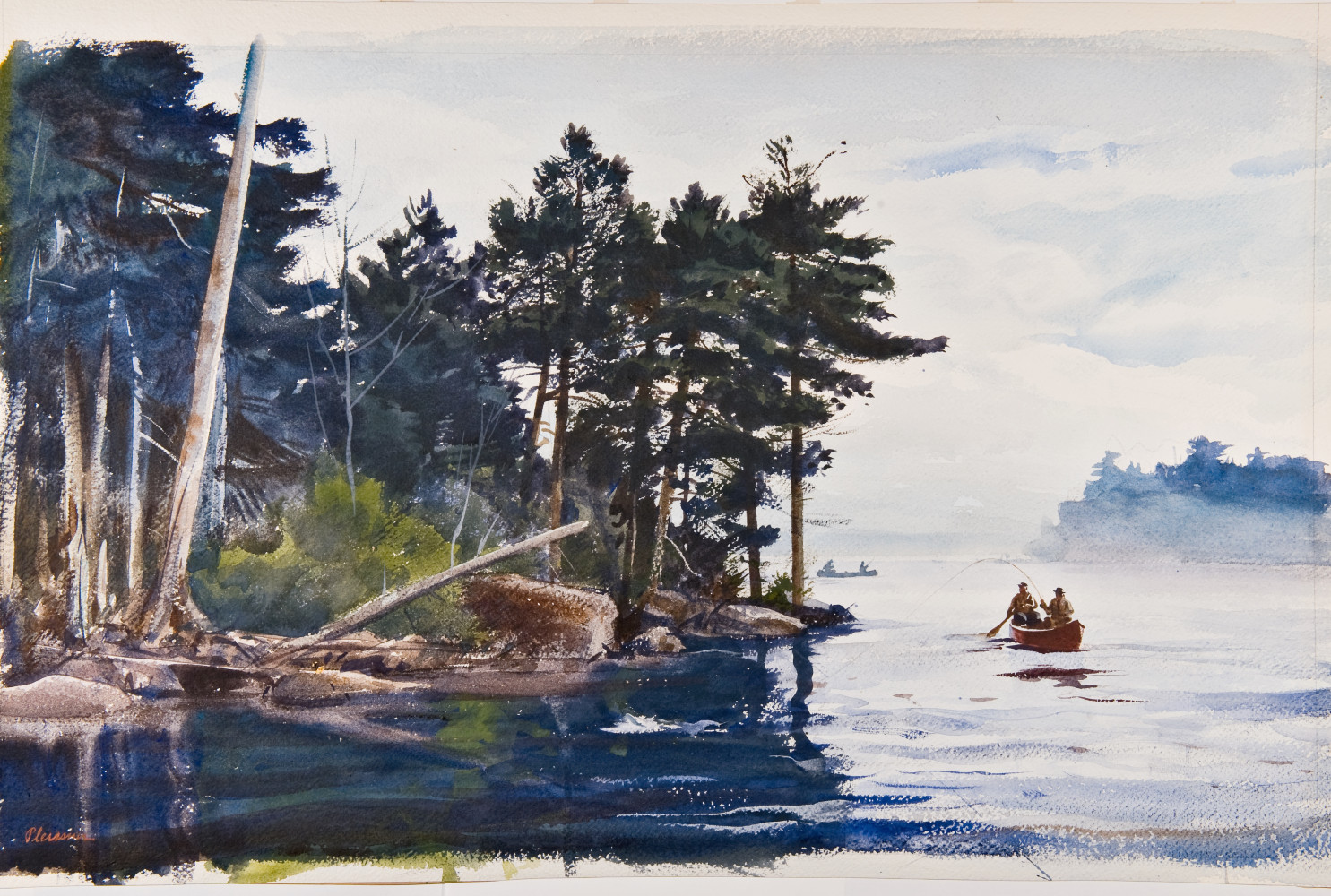 Fishing at Grand Lake Maine, 1950-1959, By Ogden M. Pleissner (American, 1905—1983); Watercolor on paper; 17 x 27 inches; Collection of Shelburne Museum, gift of Morton Quantrell. 1996-42.17. Photography by Andy Duback.