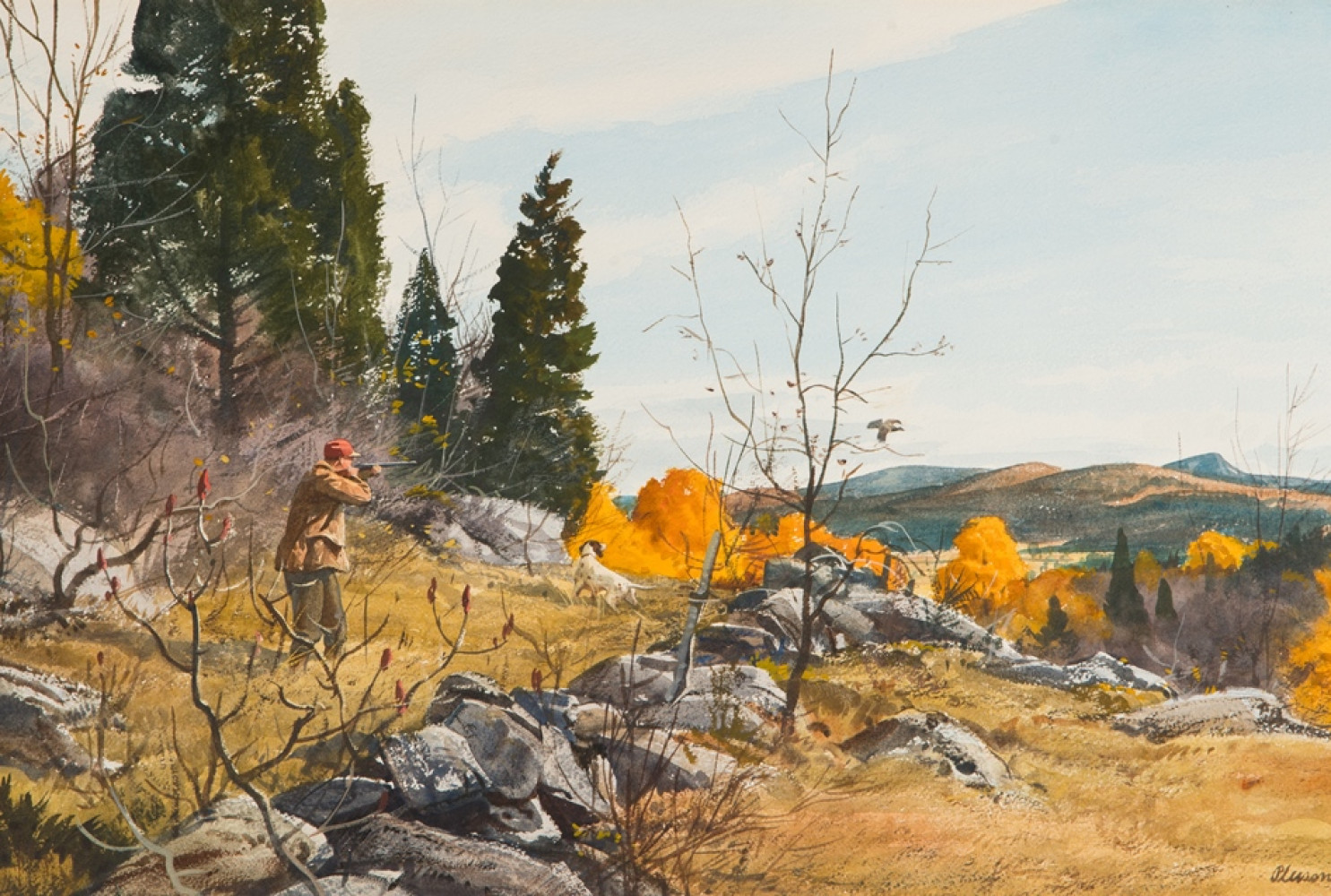 Vermont Hills, 1964, By Ogden M. Pleissner (American, 1905—1983); Watercolor on paper; 10 x 7 inches; Collection of Shelburne Museum, gift of Morton Quantrell. 1996-42.16. Photography by Andy Duback.