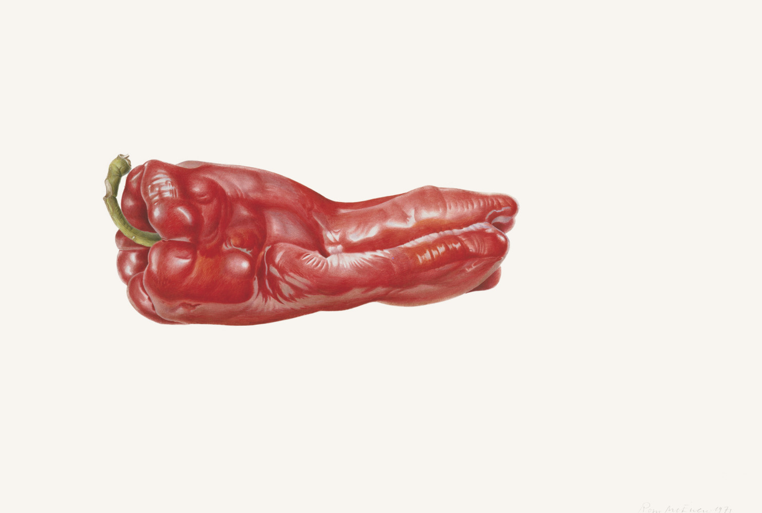 Red Pepper, 1971, by Rory McEwen (Scottish, 1932 – 1982). Watercolor on vellum, 11.38 × 15.5 in. On loan courtesy of Lord and Lady Hesketh. ©2023 Estate of Rory McEwen