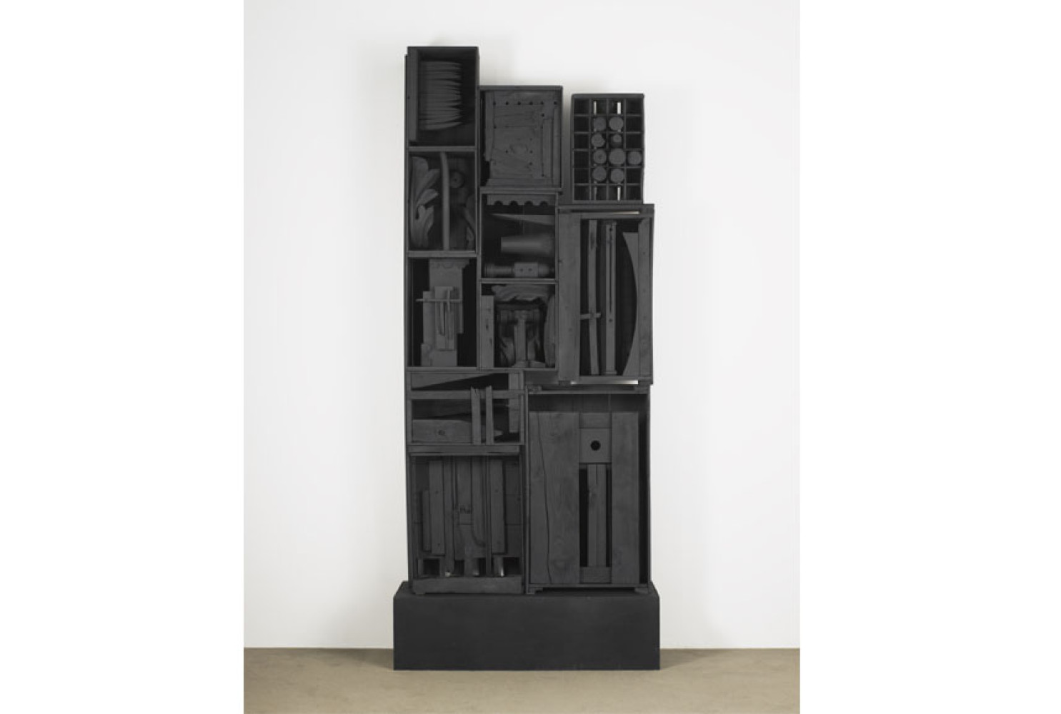 Beards' Wall, 1958—1959, by Louise Nevelson (American, 1899—1988); 11 wood boxes painted black, 102 1/2 x 41 1/2 x 14 1/2 inches;  Photograph by Kerry Ryan McFate, courtesy Pace Gallery; © 2018 Estate of Louise Nevelson / Artists Rights Society (ARS), New York