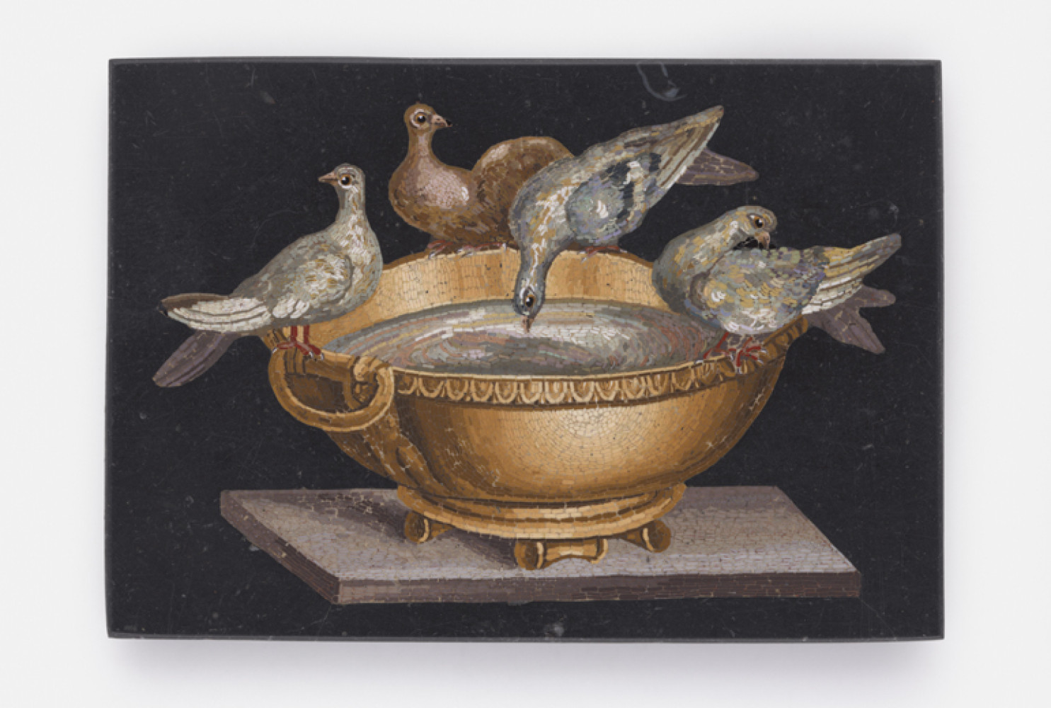 Doves of Pliny, 19th century, Giaocchino Barberi (Italian, 1783—1857), micromosaic set in black plaque, 54 x 78 mm. Collection of Elizabeth Locke; Photo: Travis Fullerton; © Virginia Museum of Fine Arts
