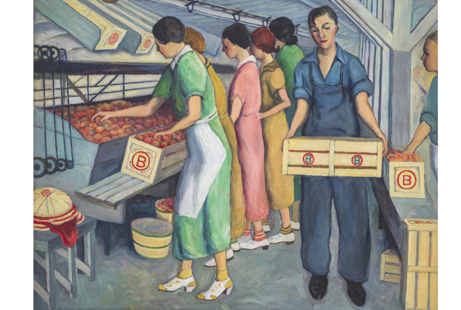 Peach Packing, Spartanburg County, 1938, By Wenonah Day Bell; (American, 1890—1981); Oil on canvas; 38 x 48 inches; 2010.05.04; The Johnson Collection, Spartanburg, SC

