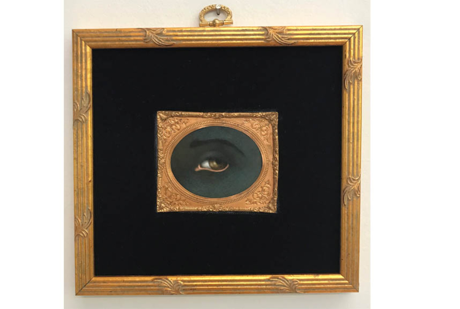 Untitled (after Kerry James Marshall) from Series I: Reversing the Gaze, 2018, By Tabitha Vevers (American, b.1957); Oil on Ivorine with tintype frame and fabric; 2 3/4 x 3 1/4 inches in 7 x 7 1/2 inch frame; Collection of the artist, Courtesy of Bookstein Projects
