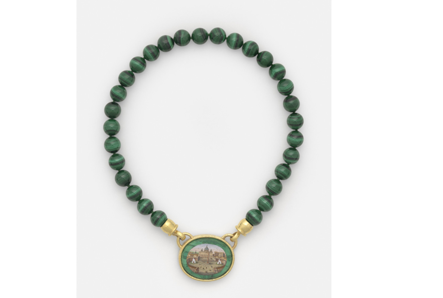 St. Peter's Square, Rome, 19th century; Micromosaic set in gold as a pendant, with malachite border, suspended on 12-mm malachite bead necklace, 17 in.; 33 x 40 mm. Collection of Elizabeth Locke; Photo: Travis Fullerton; © Virginia Museum of Fine Arts
